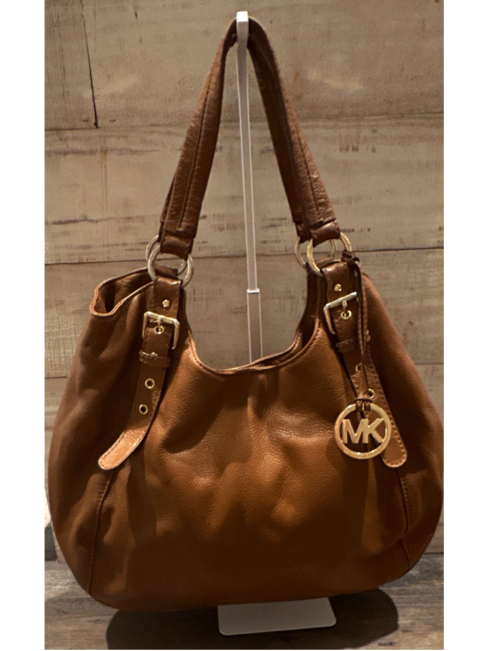 Michael Kors Brown Pebbled Leather Large Hobo Shoulder Bag MK Charm Gold